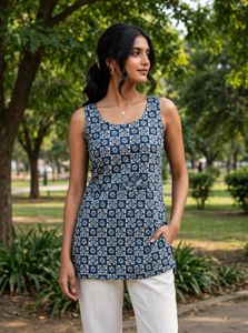 Chic Blue & White Block Print Sleeveless Kurta