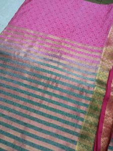 Vibrant Pink &amp; Gold Striped Saree