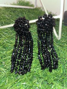 Black Beaded Tassel Earrings