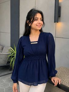 Elegant Navy Blue Peplum Top