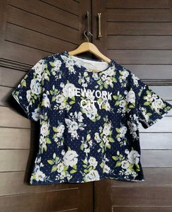 Women Blue Oversized Floral Printed Casual Top