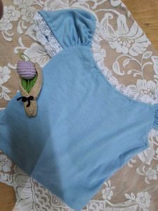 Cute Blue Ribbed Crop Top with Lace Trim
