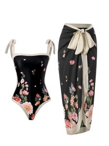 Black Floral Tie Up Swimwear Set