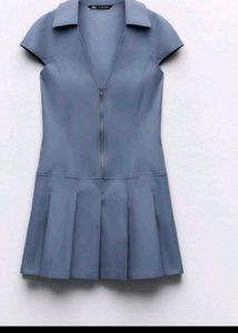 Blue Collared Zip-Up Pleated Dress