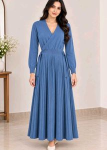 Blue Wrap Pleated Midi Dress