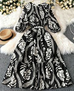 Boho Black &amp; White Leaf Print Maxi Dress