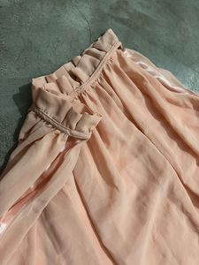 Elegant Peach Sheer Overlay High-Neck Flowy Dress