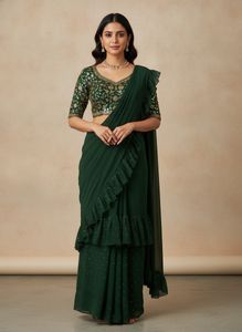 Elegant Two Tier Green Pre stitched Saree with Res