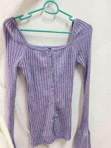 Lavender Ribbed Button-Up Top