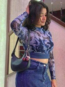 Blue Camo Mesh Mock Neck Top