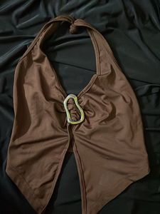 Chic Brown Halter Top with Metal Detail