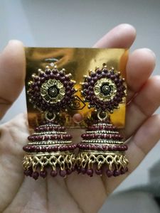 Maroon &amp; Gold Jhumka Earrings