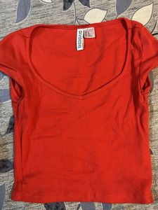 h&m Ribbed V-Neck Crop Top - Red