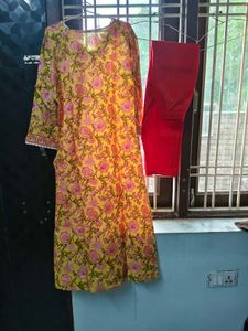 Yellow Floral Print Kurta with Red Pants