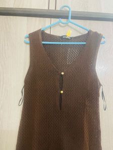 Brown Crochet Sleeveless Beach Midi Dress