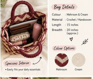 Handmade Maroon &amp; Cream crochet Tote Bag/ spacious