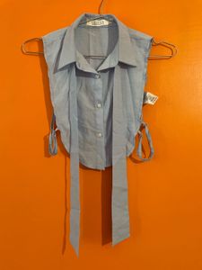 Chic Blue Collared Detachable Blouse