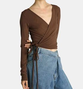 Brown Long Sleeve Wrap Top
