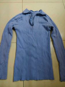 Light Blue Ribbed Zip-Up Sweater