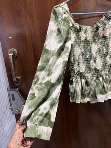 Green Tie-Dye Smocked Peplum Top