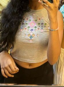 Grey Embroidered Halter Neck Crop Top