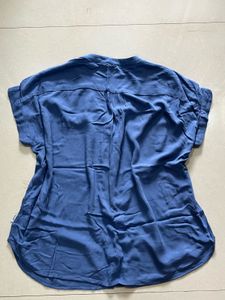 Blue V-Neck Button-Up Blouse