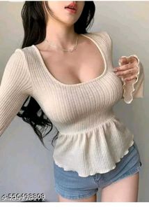 Ribbed Peplum Top with Square Neck