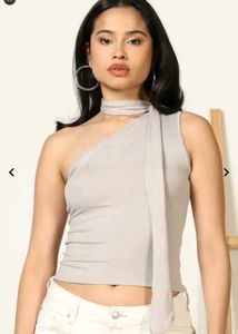 One Shoulder Crop Top with Scarf Detail