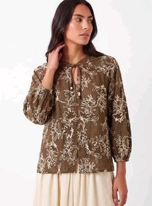 Brown Floral Tie-Neck Blouse
