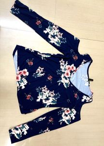 Cold-Shoulder Floral Print Top – Navy Blue