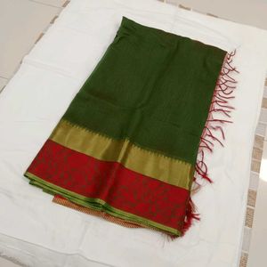 Elegant Green Saree with Red & Gold Border