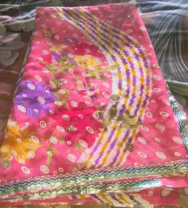 Vibrant Pink Floral Saree with Embellishments