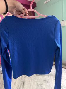 Blue Square Neck Long Sleeve Crop Top