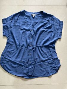 Blue V-Neck Button-Up Blouse