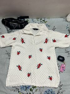 White Crochet Top with Rose Embroidery