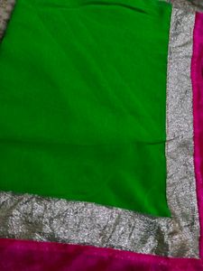 Vibrant Green Saree with Pink &amp; Silver Border