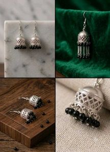 Elegant Silver Jhumka Earrings with Black Beads