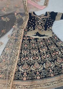 Navy Blue Peach Velvet Embroidered Lehenga Choli