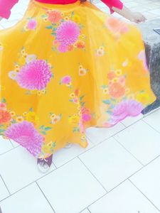 Studio Srinagar Mustard Yellow &pink floral print skirt lehenga.