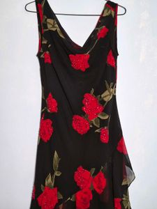 Eva Blue Y2K Beaded Black Rose Print Dress