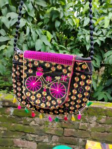 Embroidered Black Bicycle Sling Bag NEW