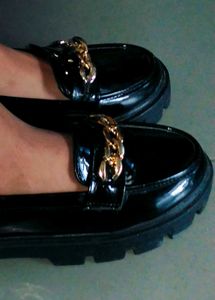 Black Chunky Platform Loafers with Gold Chain | Go