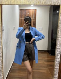 POWDER BLUE DOUBLE BREASTED LONG BELTED BLAZER