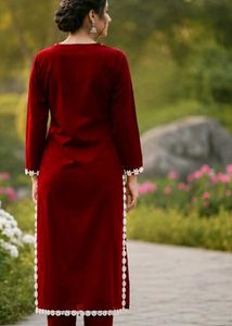 Maroon Kurta Set with White Lace Detail