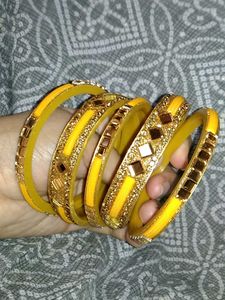 Exquisite Yellow &amp; Gold Embellished Bangles
