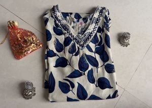 Cream Kurta with Blue Leaf Print