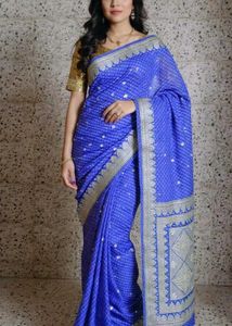 Blue Bandhani Saree with Gold Blouse Piece