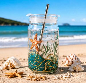Hand painted Glass Tumbler with Straw and li