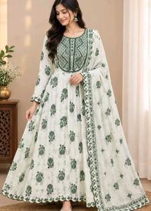 Elegant White & Green Anarkali Suit with dupatta