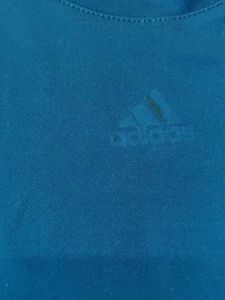 Adidas Blue T-Shirt with Orange Stripes